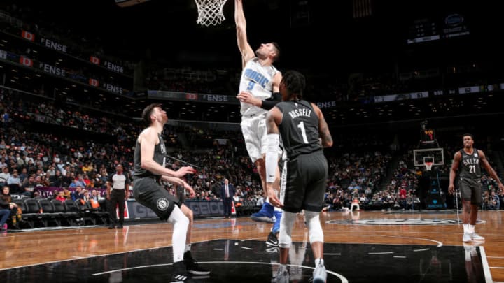 BROOKLYN, NY - JANUARY 23: Nikola Vucevic #9 of the Orlando Magic dunks the ball during the game against the Brooklyn Nets on January 23, 2019 at Barclays Center in Brooklyn, New York. NOTE TO USER: User expressly acknowledges and agrees that, by downloading and or using this Photograph, user is consenting to the terms and conditions of the Getty Images License Agreement. Mandatory Copyright Notice: Copyright 2019 NBAE (Photo by Ned Dishman/NBAE via Getty Images)