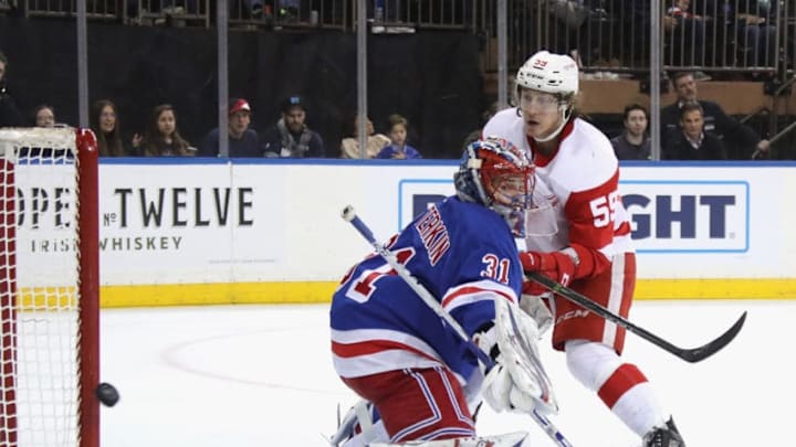 NEW YORK, NEW YORK - JANUARY 31: Tyler Bertuzzi #59 of the Detroit Red Wings misses a third period opportunity against Igor Shesterkin #31 of the New York Rangers at Madison Square Garden on January 31, 2020 in New York City. The Rangers defeated the Red Wings 4-2. (Photo by Bruce Bennett/Getty Images)