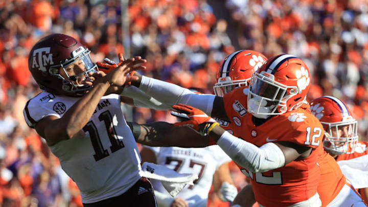 CLEMSON, SOUTH CAROLINA - SEPTEMBER 07: K'Von Wallace #12 of the Clemson Tigers runs into Kellen Mond #11 of the Texas A&M Aggies during their game at Memorial Stadium on September 07, 2019 in Clemson, South Carolina. (Photo by Streeter Lecka/Getty Images)