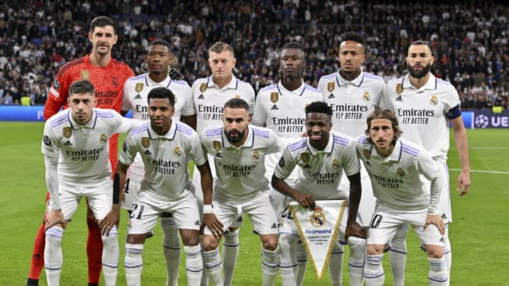 MADRID, SPAIN - APRIL 12: Players of Real Madrid pose for the team photo before the UEFA Champions League Quarterfinal First Leg match between Real Madrid and Chelsea FC at Estadio Santiago Bernabeu on April 12, 2023 in Madrid, Spain. (Photo by Will Palmer/Sportsphoto/Allstar via Getty Images)