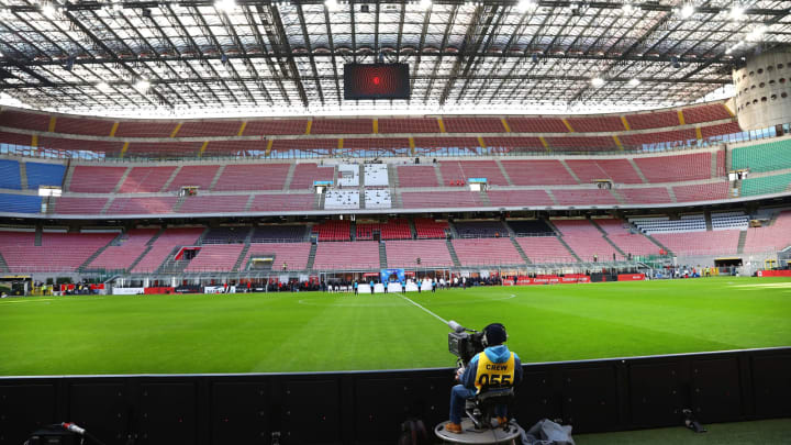 MILAN, ITALY – MARCH 08: General view of the empty stadium according to the rules to limit the spread of Covid-19 during the Serie A match between AC Milan and Genoa CFC at Stadio Giuseppe Meazza on March 8, 2020 in Milan, Italy. (Photo by Marco Luzzani/Getty Images)
