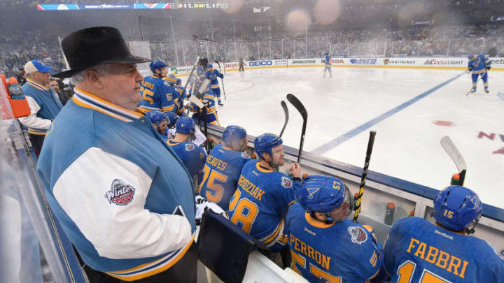 ST LOUIS, MO - JANUARY 02: Head coach Ken Hitchcock of the St. Louis Blues looks on from behind the bench prior to the 2017 Bridgestone NHL Winter Classic at Busch Stadium on January 2, 2017 in St Louis, Missouri. (Photo by Brian Babineau/NHLI via Getty Images)