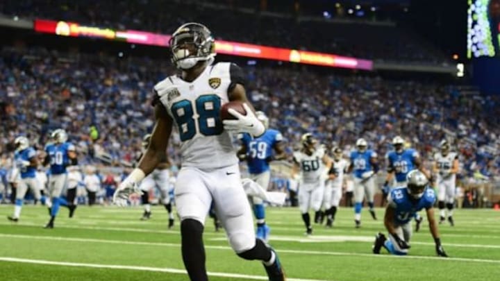 Aug 22, 2014; Detroit, MI, USA; Jacksonville Jaguars wide receiver Allen Hurns (88) runs into the end zone after making a catch for a touchdown during the third quarter against the Detroit Lions at Ford Field. Mandatory Credit: Andrew Weber-USA TODAY Sports