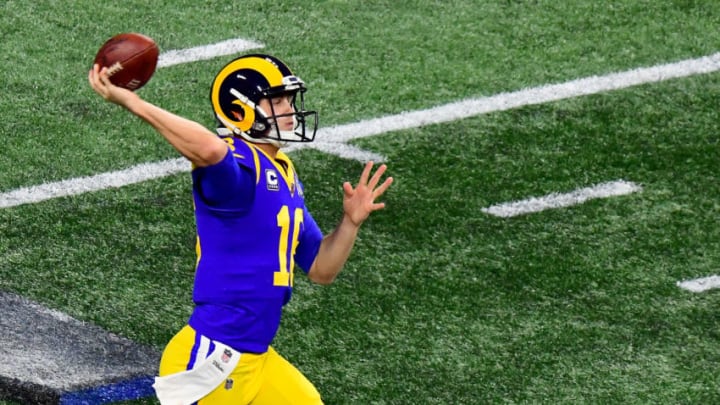 ATLANTA, GEORGIA - FEBRUARY 03: Jared Goff #16 of the Los Angeles Rams attempts to pass against New England Patriots in the second quarter during Super Bowl LIII at Mercedes-Benz Stadium on February 03, 2019 in Atlanta, Georgia. (Photo by Scott Cunningham/Getty Images)