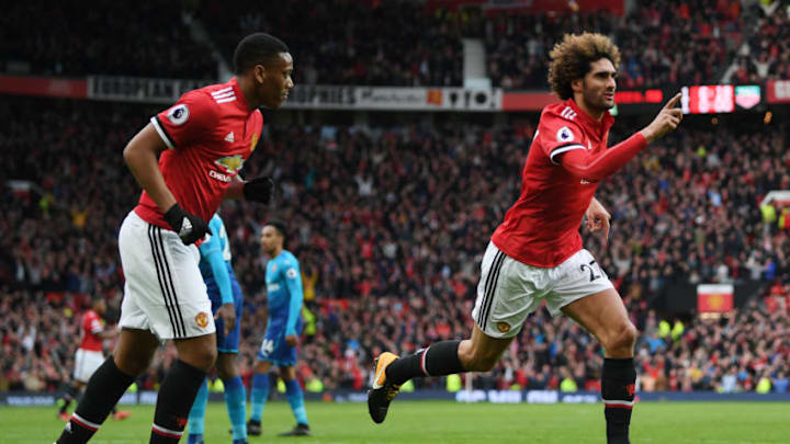 MANCHESTER, ENGLAND - APRIL 29: Marouane Fellaini of Manchester United celebrates after scoring his sides second goal during the Premier League match between Manchester United and Arsenal at Old Trafford on April 29, 2018 in Manchester, England. (Photo by Shaun Botterill/Getty Images)