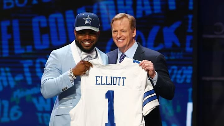Apr 28, 2016; Chicago, IL, USA; Ezekiel Elliott (Ohio State) with NFL commissioner Roger Goodell after being selected by the Dallas Cowboys as the number four overall pick in the first round of the 2016 NFL Draft at Auditorium Theatre. Mandatory Credit: Jerry Lai-USA TODAY Sports Apr 28, 2016; Chicago, IL, USA; Ezekiel Elliott (Ohio State) with NFL commissioner Roger Goodell after being selected by the Dallas Cowboys as the number four overall pick in the first round of the 2016 NFL Draft at Auditorium Theatre. Mandatory Credit: Jerry Lai-USA TODAY Sports