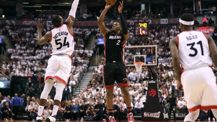 May 11, 2016; Toronto, Ontario, CAN; Miami Heat forward Joe Johnson (2) shoots against Toronto Raptors forward Patrick Patterson (54) in game five of the second round of the NBA Playoffs at Air Canada Centre. The Raptors beat the Heat 99-91. Mandatory Credit: Tom Szczerbowski-USA TODAY Sports