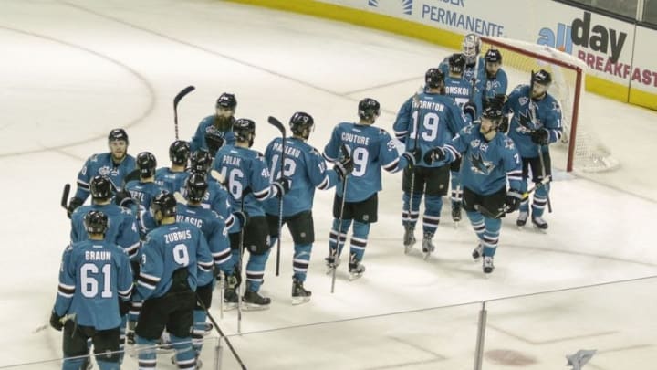 May 19, 2016; San Jose, CA, USA; San Jose Sharks players celebrate after game three of the Western Conference Final of the 2016 Stanley Cup Playoffs against the St. Louis Blues at SAP Center at San Jose. The Sharks defeated the Blues 3-0. Mandatory Credit: John Hefti-USA TODAY Sports