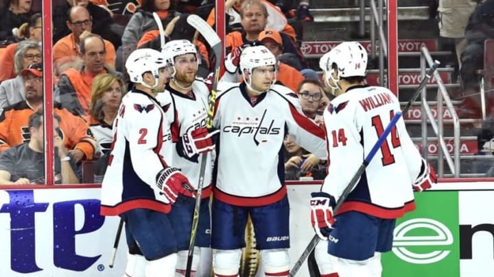 Apr 18, 2016; Philadelphia, PA, USA; Washington Capitals center Evgeny Kuznetsov (92) celebrates his goal with teammates against the Philadelphia Flyers during the third period in game three of the first round of the 2016 Stanley Cup Playoffs at Wells Fargo Center. The Capitals defeated the Flyers, 6-1. Mandatory Credit: Eric Hartline-USA TODAY Sports