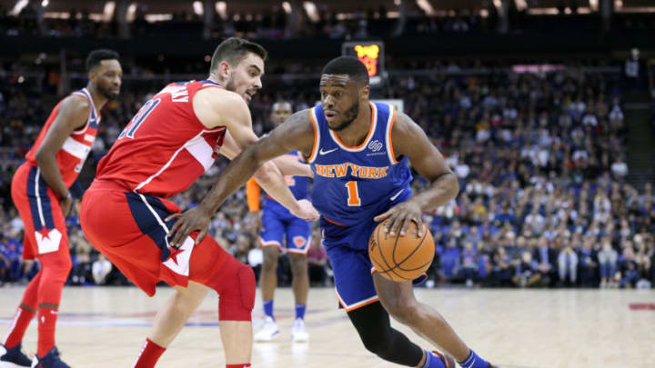 LONDON, ENGLAND - JANUARY 17: Emmanuel Mudiay #1 of the New York Knicks handles the ball against the Washington Wizards during the 2019 NBA London Game on January 17, 2019 at The O2 Arena in London, England. NOTE TO USER: User expressly acknowledges and agrees that, by downloading and/or using this photograph, user is consenting to the terms and conditions of the Getty Images License Agreement. Mandatory Copyright Notice: Copyright 2019 NBAE (Photo by Ned Dishman/NBAE via Getty Images)