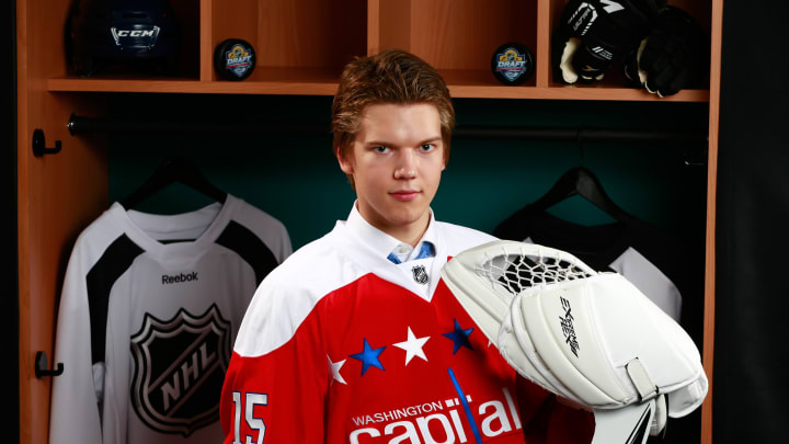 SUNRISE, FL – JUNE 26: Ilya Samsonov poses for a portrait after being selected 22nd overall by the Washington Capitals during Round One of the 2015 NHL Draft at BB&T Center on June 26, 2015 in Sunrise, Florida. (Photo by Jeff Vinnick/NHLI via Getty Images)