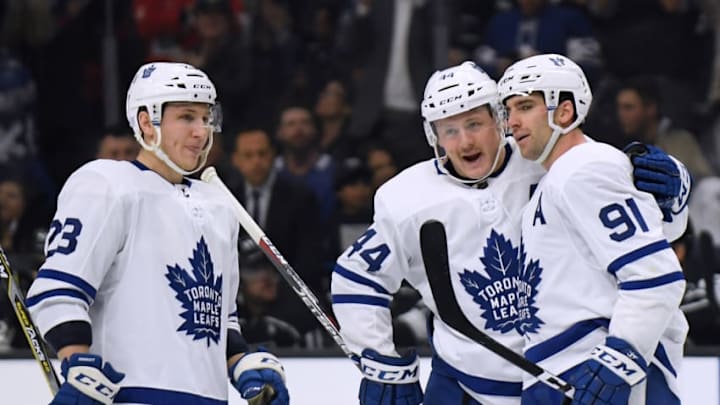 Fantasy Hockey: LOS ANGELES, CA - NOVEMBER 13: John Tavares #91 of the Toronto Maple Leafs celebrates his goal with Morgan Rielly #44 and Travis Dermott #23 to take a 2-0 lead over the Los Angeles Kings during the first period at Staples Center on November 13, 2018 in Los Angeles, California. (Photo by Harry How/Getty Images)