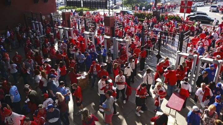 Oct 10, 2015; St. Louis, MO, USA; Fans walk into the stadium before game two of the NLDS between the Chicago Cubs and the St. Louis Cardinals at Busch Stadium. Mandatory Credit: Jeff Curry-USA TODAY Sports