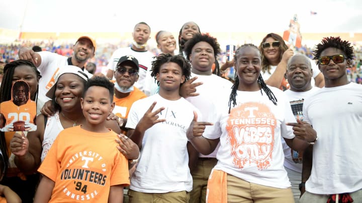 Tennessee fans pose for a photo in the stands during a game at Ben Hill Griffin Stadium in Gainesville, Fla. on Saturday, Sept. 25, 2021.Kns Tennessee Florida Football