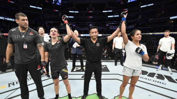 WASHINGTON, DC - DECEMBER 07: (L-R) Marina Rodriguez of Brazil and Cynthia Calvillo react after their catchweight bout is ruled a majority decision during the UFC Fight Night event at Capital One Arena on December 07, 2019 in Washington, DC. (Photo by Jeff Bottari/Zuffa LLC via Getty Images)