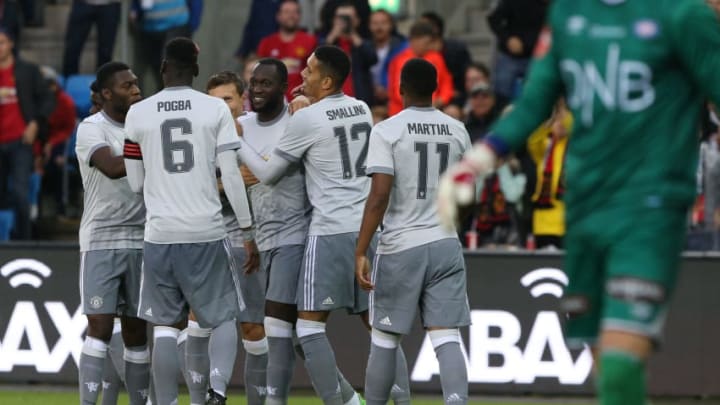 OSLO, NORWAY - JULY 30: Romerlu Lukaku of Manchester United celebrates scoring the second goal against Valerenga today at Ullevaal Stadion on July 30, 2017 in Oslo, Norway. (Photo by Andrew Halseid-Budd/Getty Images)