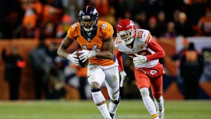 Denver Broncos wide receiver Bennie Fowler (16) runs the ball for a touchdown ahead of Kansas City Chiefs cornerback Phillip Gaines (23) - Mandatory Credit: Isaiah J. Downing-USA TODAY Sports