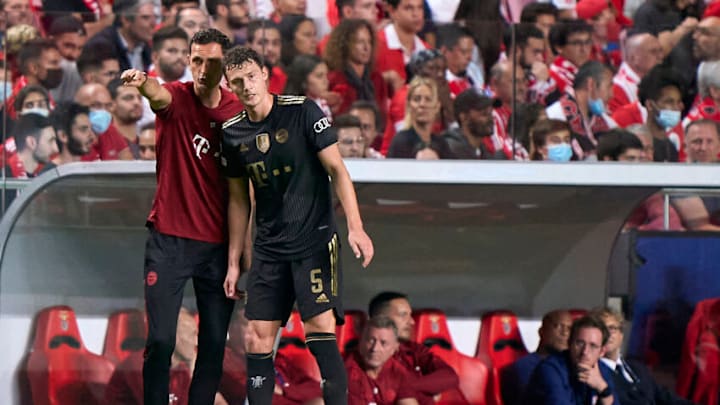 Dino Toppmoller, Assistant Coach of Bayern Munich and Benjamin Pavard will be hoping to keep clean sheet against Benfica on Tuesday. (Photo by Jose Manuel Alvarez/Quality Sport Images/Getty Images)