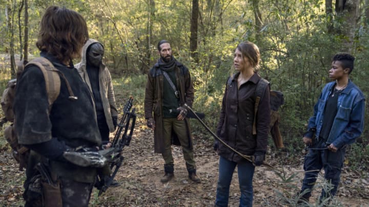 Lauren Cohan as Maggie, Norman Reedus as Daryl Dixon, Okea Eme-Akwari as Elijah, James Devoti as Cole, Angel Theory as Kelly - The Walking Dead _ Season 10, Episode 17 - Photo Credit: Eli Ade/AMC