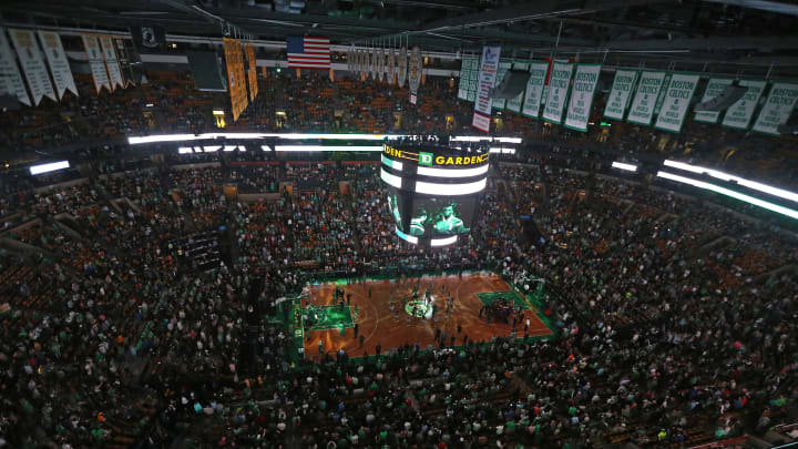 BOSTON - APRIL 26: The Boston Celtics take the parquet at the start of Game 4. The Boston Celtics took on the Cleveland Cavaliers in Game 4 of the NBA Eastern Conference Playoffs at TD Garden. (Photo by Barry Chin/The Boston Globe via Getty Images)