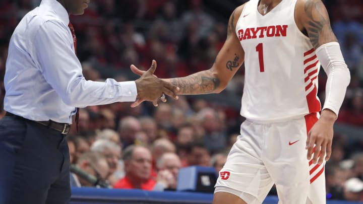 Atlantic 10 Basketball Dayton Flyers head coach Anthony Grant (left) reacts with forward Obi Toppin David Kohl-USA TODAY Sports