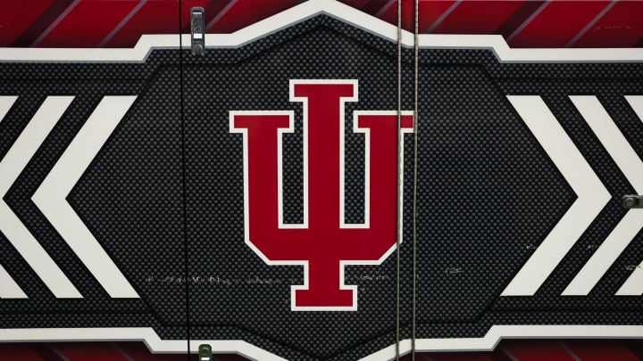 STATE COLLEGE, PA – OCTOBER 28: A general view of the Indiana Hoosiers logo on the sideline before the game between the Penn State Nittany Lions and the Indiana Hoosiers at Beaver Stadium on October 28, 2023 in State College, Pennsylvania. (Photo by Scott Taetsch/Getty Images)