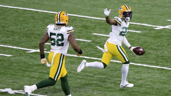 INDIANAPOLIS, INDIANA - NOVEMBER 22: Darnell Savage #26 of the Green Bay Packers celebrates a fumble recovery during the first quarter against the Indianapolis Colts in the game at Lucas Oil Stadium on November 22, 2020 in Indianapolis, Indiana. (Photo by Andy Lyons/Getty Images)