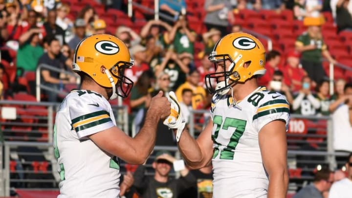 August 26, 2016; Santa Clara, CA, USA; Green Bay Packers quarterback Aaron Rodgers (12) shakes hands with wide receiver Jordy Nelson (87) before the game against the San Francisco 49ers at Levi
