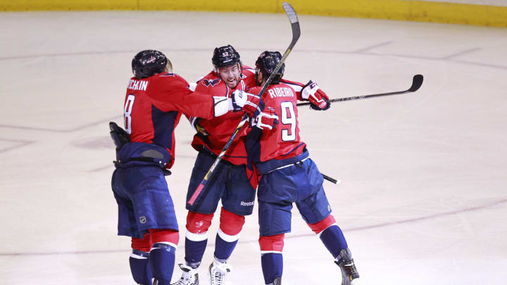 Mike Green, Mike Ribero, Alex Ovechkin, Washington Capitals Mandatory Credit: Geoff Burke-USA TODAY Sports