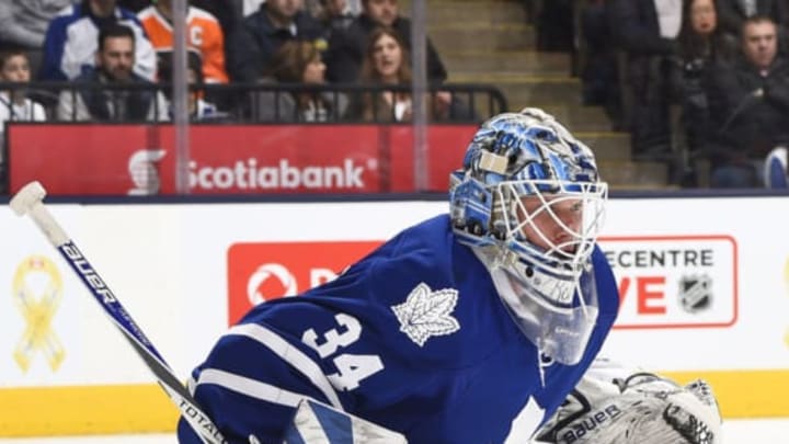 TORONTO, ON – FEBRUARY 20: James Reimer #34 of the Toronto Maple Leafs prepares for a shot against the Philadelphia Flyers during game action on February 20, 2016 at Air Canada Centre in Toronto, Ontario, Canada. (Photo by Graig Abel/NHLI via Getty Images)