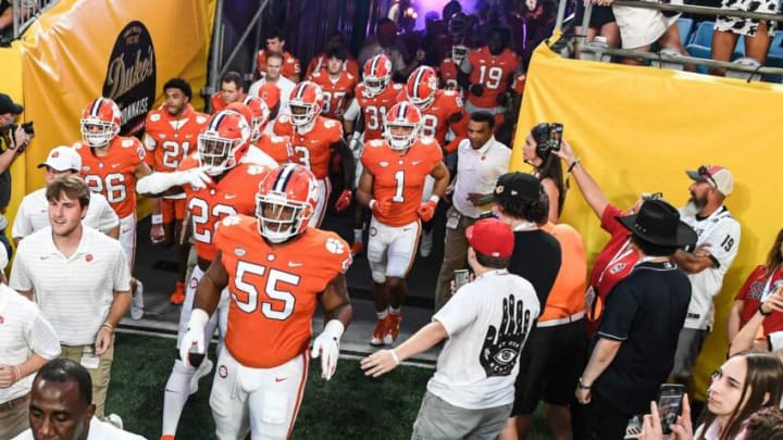 Clemson running back Will Shipley(1) runs out of the tunnel and on the field before the Duke's Mayo Classic Sep 4, 2021; Charlotte, North Carolina, USA; at Bank of America Stadium.Ncaa Football Georgia At Clemson