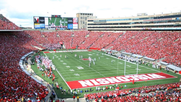 Sep 10, 2016; Madison, WI, USA; A general view of Camp Randall Stadium with 77,331 fans watching the game between the Wisconsin Badgers and the Akron Zips. With a capacity of 80,321, the facility is designed so that all seats point toward the center of the field. Wisconsin defeated Akron 54-10. Mandatory Credit: Mary Langenfeld-USA TODAY Sports
