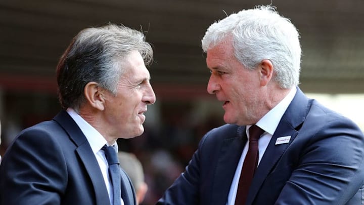 SOUTHAMPTON, ENGLAND - AUGUST 25: Claude Puel, Manager of Leicester City shakes hands with Mark Hughes, Manager of Southampton prior to the Premier League match between Southampton FC and Leicester City at St Mary's Stadium on August 25, 2018 in Southampton, United Kingdom. (Photo by Bryn Lennon/Getty Images)
