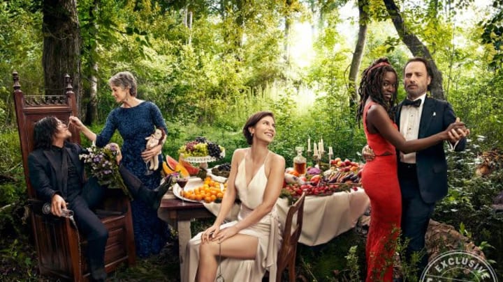 Norman Reedus, Melissa McBride, Lauren Cohan, Danai Gurira and Andrew Lincoln, from the cast of The Walking Dead photographed exclusively for Entertainment Weekly by Art Streiber on June 24th. 2017 in Senoia Georgia.Styling: Elaine MontalvoProp Styling: John SandersCostumers: Mia Nunnally, Derrick Vener