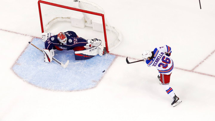 COLUMBUS, OH – JANUARY 13: Sergei Bobrovsky #72 of the Columbus Blue Jackets stops a shot from Mats Zuccarello #36 of the New York Rangers during the game on January 13, 2019 at Nationwide Arena in Columbus, Ohio. Columbus defeated New York 7-5. (Photo by Kirk Irwin/Getty Images)