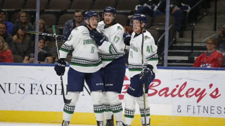 JACKSONVILLE, FL - APRIL 18: Florida Everblades players celebrate a goal during the game between the Florida Everblades and the Jacksonville Icemen on April 18, 2018 at the Vystar Veterans Memorial Arena in Jacksonville, Fl. (Photo by David Rosenblum/Icon Sportswire via Getty Images)