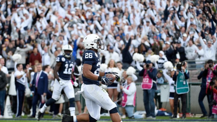 PASADENA, CA – JANUARY 02: Running back Saquon Barkley #26 of the Penn State Nittany Lions scores on a 24-yard touchdown run in the first half against USC Trojans during the 2017 Rose Bowl Game presented by Northwestern Mutual at the Rose Bowl on January 2, 2017 in Pasadena, California. (Photo by Kevork Djansezian/Getty Images)