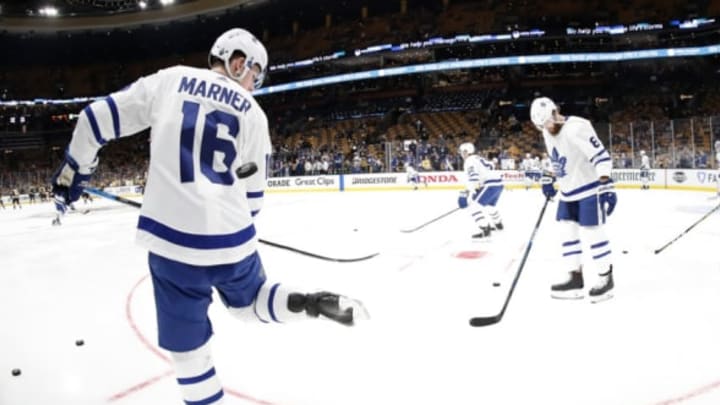 BOSTON, MA – APRIL 11: Toronto Maple Leafs right wing Mitchell Marner (16) juggles the puck soccer style before Game 1 of the First Round between the Boston Bruins and the Toronto Maple Leafs on April 11, 2019, at TD Garden in Boston, Massachusetts. (Photo by Fred Kfoury III/Icon Sportswire via Getty Images)