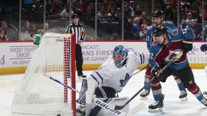 DENVER, COLORADO - NOVEMBER 23: Goaltender Frederik Andersen #31 of the Toronto Maple Leafs makes a save against Joonas Donskoi #72 of the Colorado Avalanche at Pepsi Center on November 23, 2019 in Denver, Colorado. The Maple Leafs defeated the Avalanche 5-3. (Photo by Michael Martin/NHLI via Getty Images)