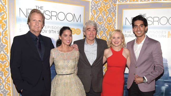 LOS ANGELES, CA – NOVEMBER 04: Jeff Daniels, Olivia Munn, Sam Waterston, Alison Pill and Dev Patel attend the premiere of HBO’s ‘Newsroom’ Season 3 at Directors Guild Of America on November 4, 2014 in Los Angeles, California. (Photo by Jason Kempin/Getty Images)