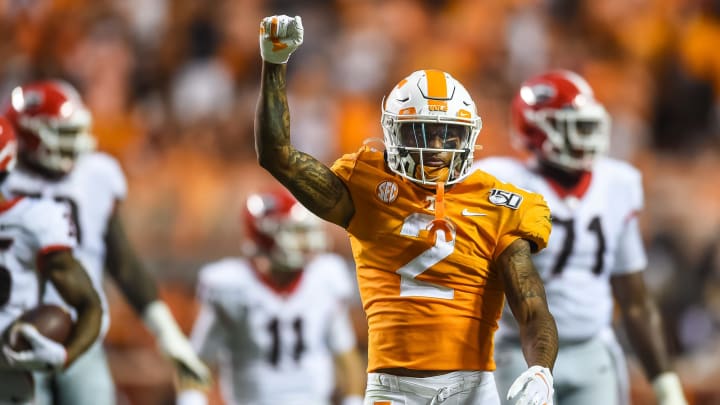 Oct 5, 2019; Knoxville, TN, USA; Tennessee Volunteers defensive back Alontae Taylor (2) celebrates during the second quarter of a game against the Georgia Bulldogs at Neyland Stadium. Mandatory Credit: Bryan Lynn-USA TODAY Sports