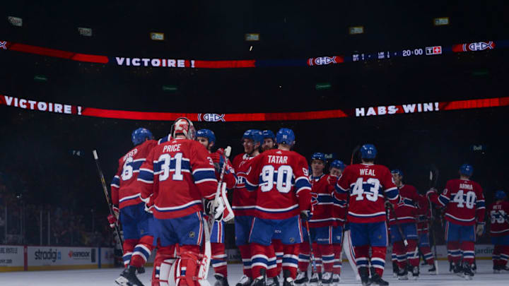 MONTREAL, QC - MARCH 26: The Montreal Canadiens celebrate after defeating the Florida Panthers in the NHL game at the Bell Centre on March 26, 2019 in Montreal, Quebec, Canada. (Photo by Francois Lacasse/NHLI via Getty Images)