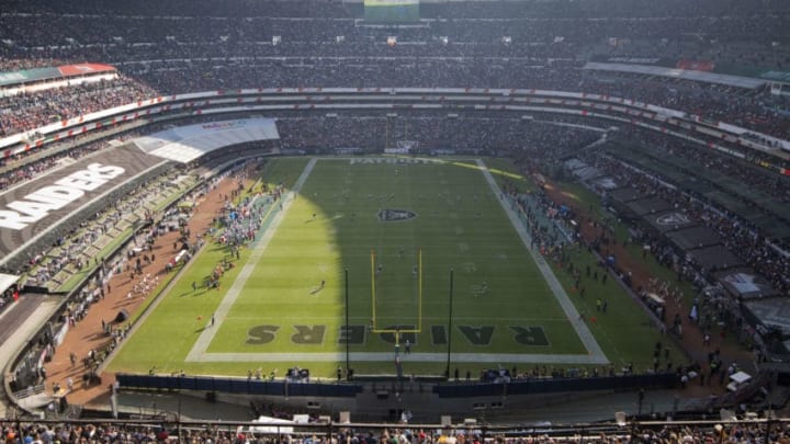 MEXICO CITY, MEXICO - NOVEMBER 19: Fans watch the pregame show before the New England Patriots face the Oakland Raiders at Estadio Azteca on November 19, 2017 in Mexico City, Mexico. (Photo by Jamie Schwaberow/Getty Images)