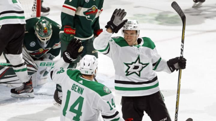 ST. PAUL, MN - MARCH 14: After scoring his 1st NHL goal in the 2nd period Joel L'Esperance #38 of the Dallas Stars is congratulated by Jamie Benn #14 of the Dallas Stars during a game with the Minnesota Wild at Xcel Energy Center on March 14, 2019 in St. Paul, Minnesota.(Photo by Bruce Kluckhohn/NHLI via Getty Images)