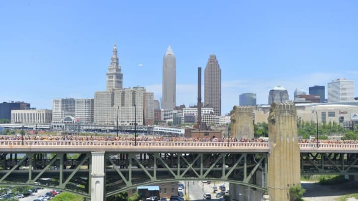 Jun 22, 2016; Cleveland, OH, USA; Fans walk on the Hope Memorial Bridge after the Cleveland Cavaliers NBA championship parade in downtown Cleveland. Mandatory Credit: David Richard-USA TODAY Sports