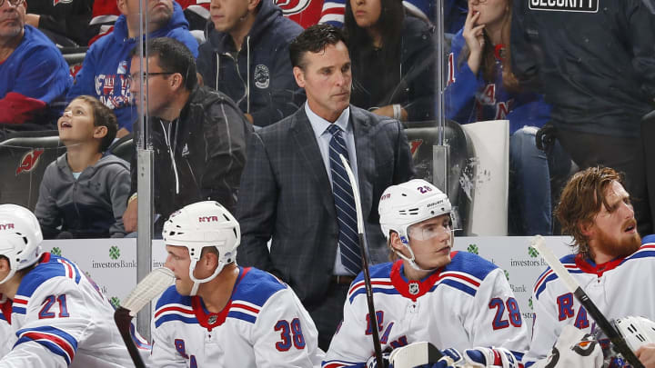 NEWARK, NJ- OCTOBER 17: Head Coach David Quinn of the New York Rangers looks on during the game against the New Jersey Devils on October 17, 2019 at Prudential Center in Newark, New Jersey. (Photo by Andy Marlin/NHLI via Getty Images)