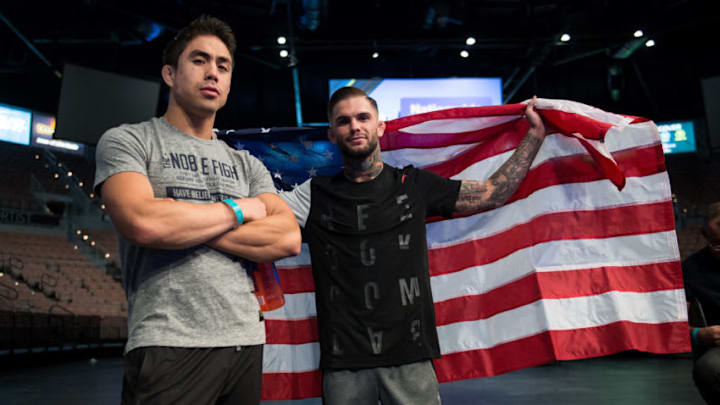 LAS VEGAS, NEVADA - MAY 28: Cody Garbrandt poses for a photo with teammate Justin Buchholz backstage stepping onto the scale during the UFC Fight Night: Weigh-Ins inside the Mandalay Bay Events Center on May 28, 2016 in Las Vegas Nevada. (Photo by Brandon Magnus/Zuffa LLC/Zuffa LLC via Getty Images)