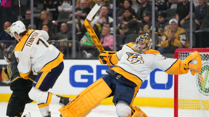 Mar 24, 2022; Las Vegas, Nevada, USA; Nashville Predators goaltender Juuse Saros (74) loses an edge in a game against the Vegas Golden Knights during the second period at T-Mobile Arena. Mandatory Credit: Stephen R. Sylvanie-USA TODAY Sports