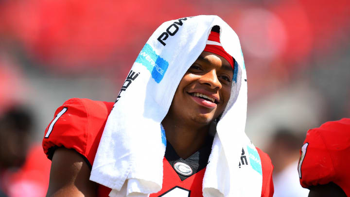 ATHENS, GA – SEPTEMBER 15: Justin Fields #1 of the Georgia Bulldogs smiles as he leaves the field after the game against the Middle Tennessee Blue Raiders on September 15, 2018 at Sanford Stadium in Athens, Georgia. (Photo by Scott Cunningham/Getty Images)