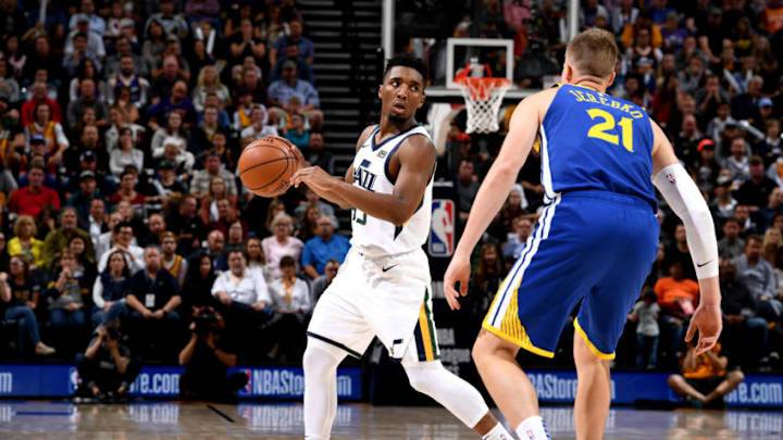 SALT LAKE CITY, UT - OCTOBER 19: Donovan Mitchell #45 of the Utah Jazz handles the ball against the Golden State Warriors during a game on October 19, 2018 at Vivint Smart Home Arena in Salt Lake City, Utah. NOTE TO USER: User expressly acknowledges and agrees that, by downloading and/or using this Photograph, user is consenting to the terms and conditions of the Getty Images License Agreement. Mandatory Copyright Notice: Copyright 2018 NBAE (Photo by Garrett Ellwood/NBAE via Getty Images)